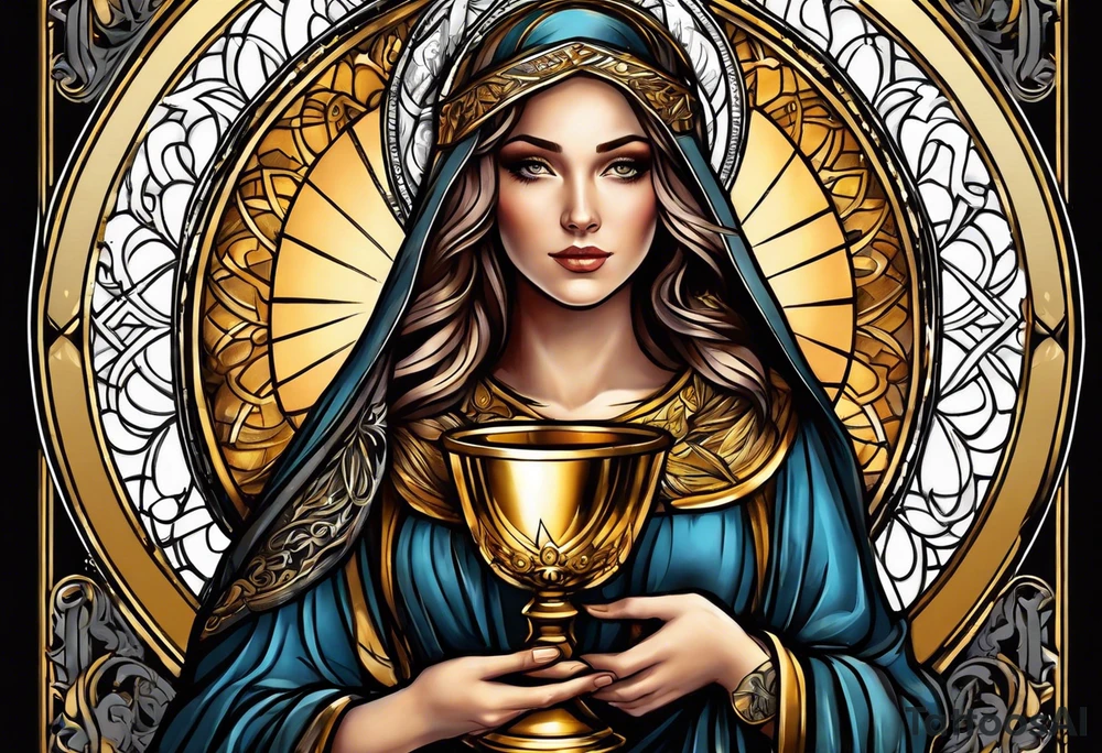 woman saint holding chalice surrounded by golden halo tattoo idea