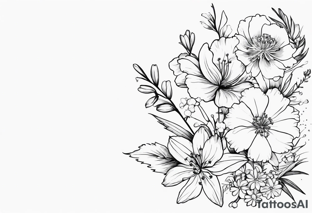 elbow to foearm twist of flowers . carnations, lily of the valley, larkspur, cosmos, holly, and chrysanthemum tattoo idea