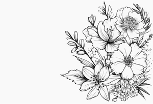 elbow to foearm twist of flowers . carnations, lily of the valley, larkspur, cosmos, holly, and chrysanthemum tattoo idea