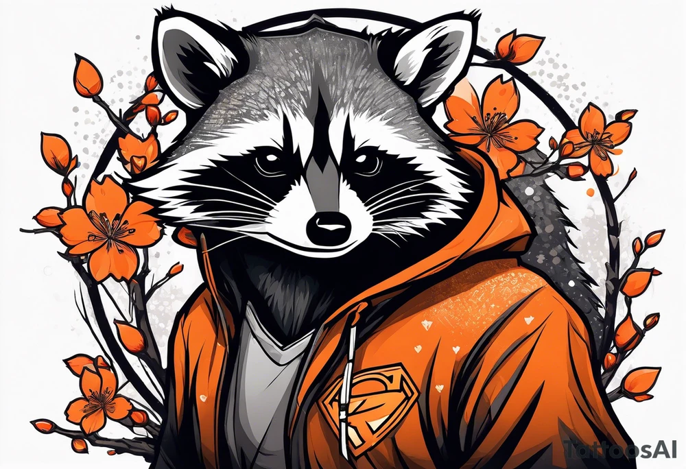 Raccoon wearing a white Superman logo on a black hoodie and orange Japanese cherry blossoms tattoo idea