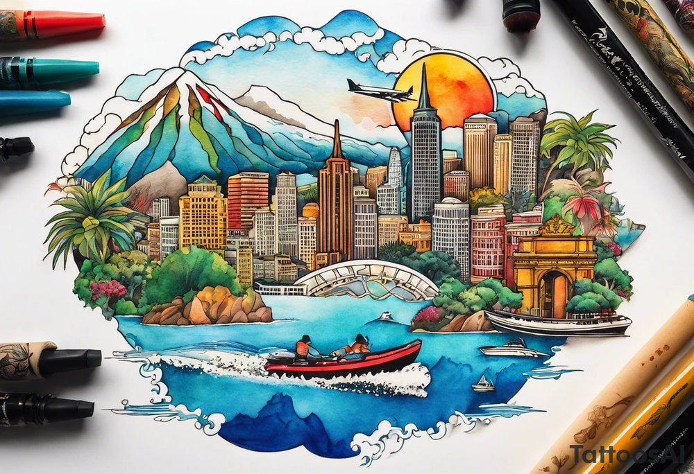 Round Travel collage with San Francisco, mountains, Kansas city skyline and 
Arc de Triomphe, Jamaican beach spilled watercolor and tiny jet plane silhouette and a tiny ski boat in the water tattoo idea