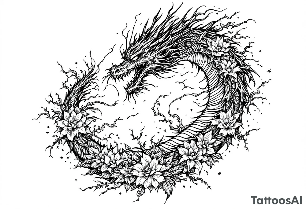 scary dragon long tail swirling with thunders and flowers as a filler tattoo idea