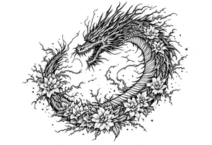 scary dragon long tail swirling with thunders and flowers as a filler tattoo idea