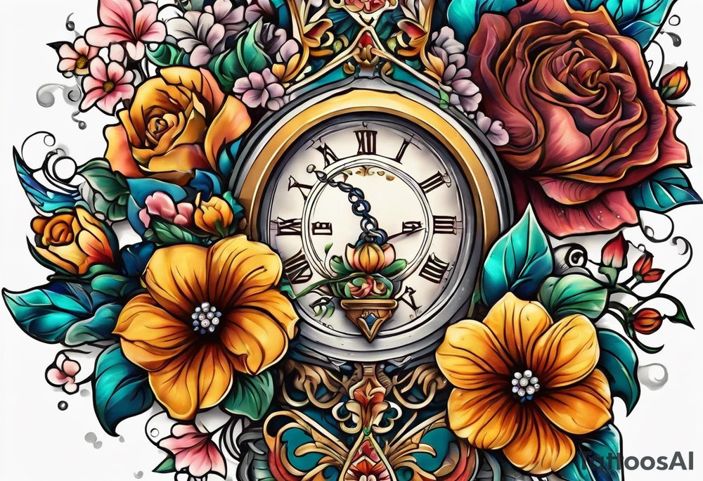Floral leg piece with beading and lace tattoo idea. colorful, old school flowers, highly detailed, florals. white background. beautiful hourglass at the center, intricate highly detailed, tattoo idea