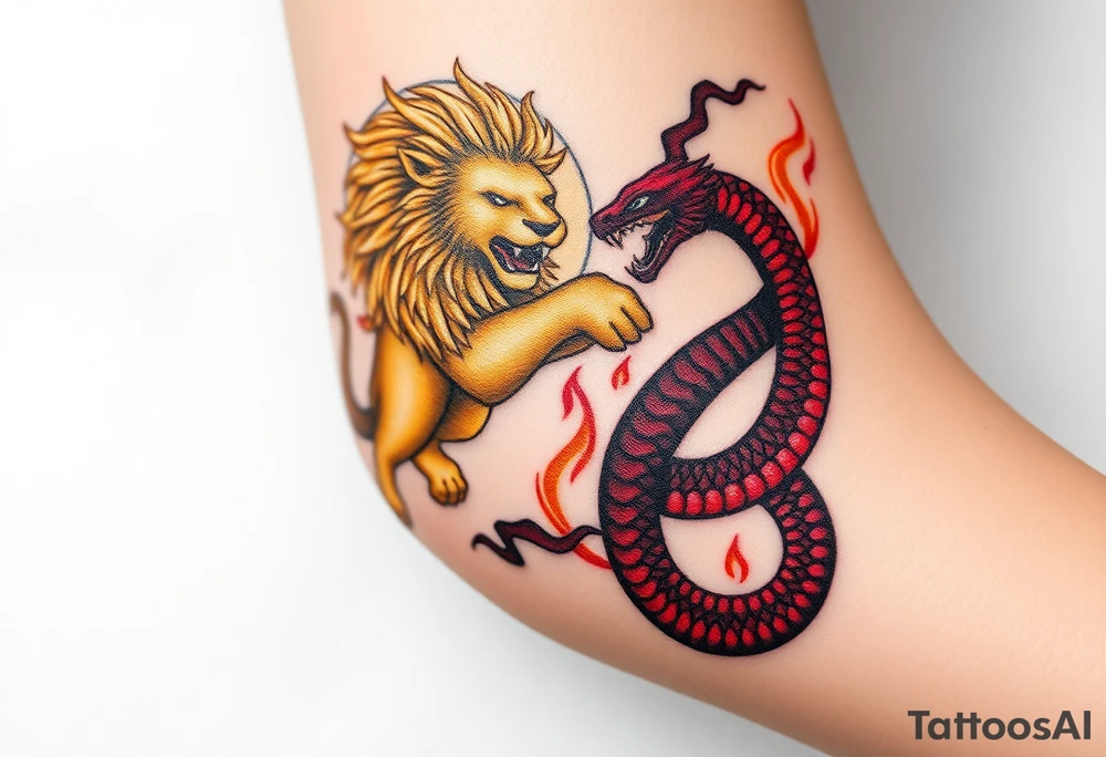 A heavenly lion, golden and majestic, surrounded by clouds and soft light, fighting against a hellish serpent, its body coiled with dark red and black scales, surrounded by flames and smoke, symbolizing an eternal struggle between good and evil forces. tattoo idea