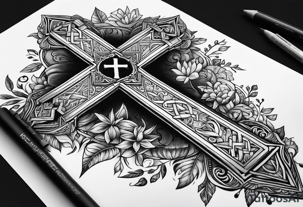 Humble wisdom caring cross detailed words tattoo idea
