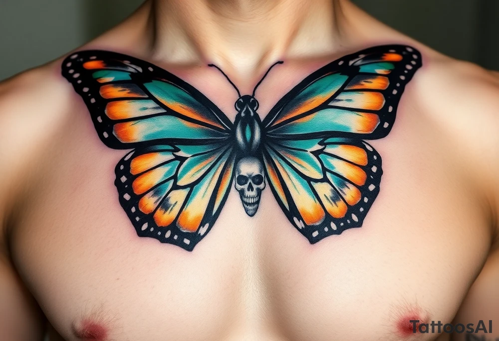 evil powerful majestic and dark monarch butterfly with  graffiti skull detail as the body hidden skulls in wings, skull detail making the body of the butterfly with a horror style effect, including aqua, light orange and green colouring
placement on chest at collarbone tattoo idea