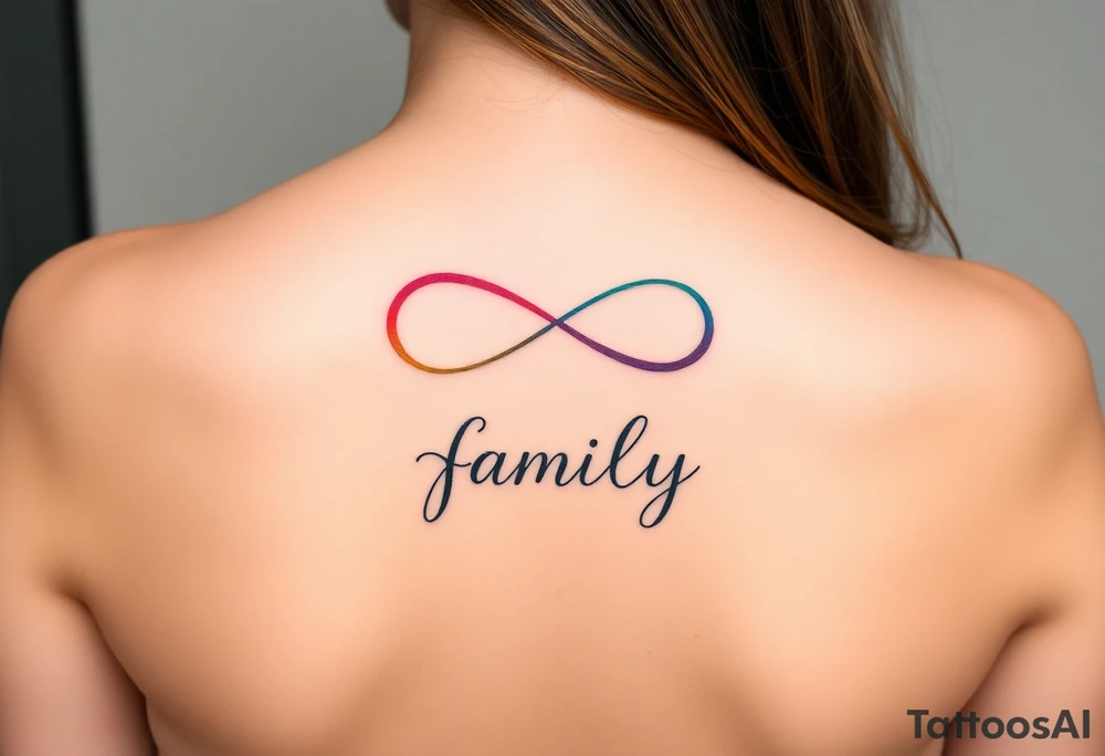 Colorful infinity symbol and the word "family" elegantly placed at the center in a soft script tattoo idea