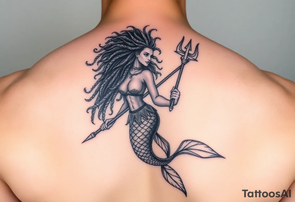 warrior mermaid, trident powerful African queen, long afro hair, beautiful, realistic, human like tattoo idea