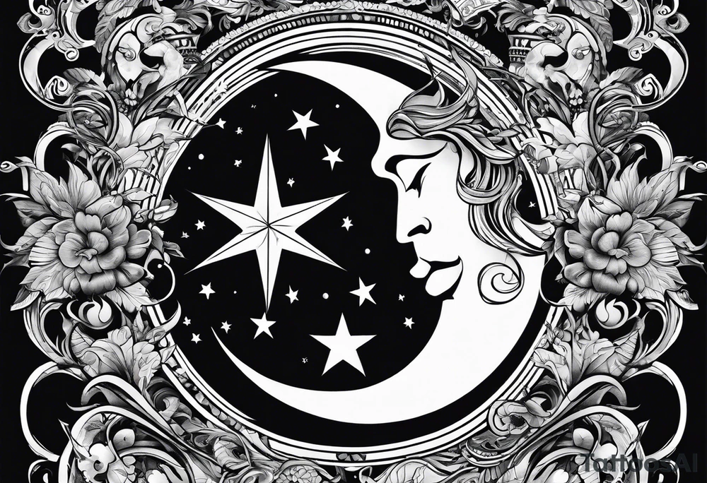 Collage for full left arm sleeve with:
2 stars, 
1 quarter moon, 
a bass guitar, 
a caduceus symbol tattoo idea