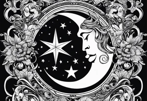 Collage for full left arm sleeve with:
2 stars, 
1 quarter moon, 
a bass guitar, 
a caduceus symbol tattoo idea