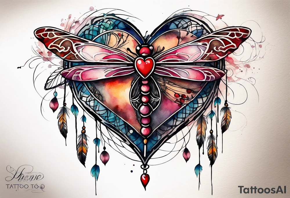 Watercolor tattoo of heart with big cross going through the heart. Small Dragonfly flying on side with dreamcatcher tattoo idea