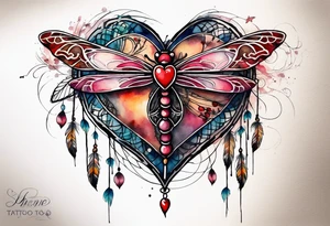 Watercolor tattoo of heart with big cross going through the heart. Small Dragonfly flying on side with dreamcatcher tattoo idea