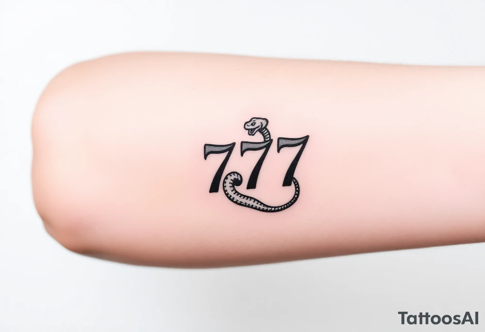 Minimalist black ink tattoo design of a small snake coiled around the number 777. tattoo idea