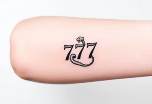 Minimalist black ink tattoo design of a small snake coiled around the number 777. tattoo idea