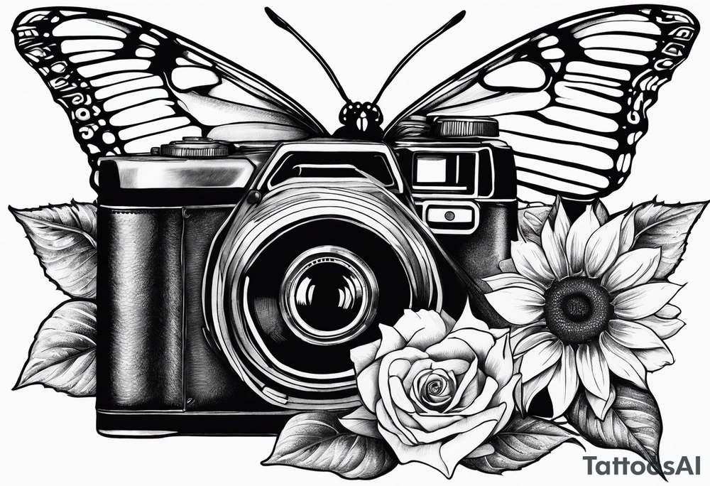 Butterfly, sunflower, camera, book, flower rose tattoo idea