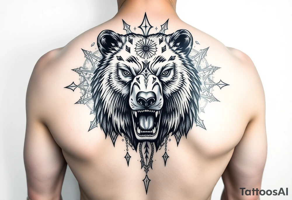 powerful majestic bear, surrounded by interstellar and arcane mage vibes - arm sleeve tattoo idea