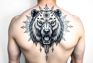 powerful majestic bear, surrounded by interstellar and arcane mage vibes - arm sleeve tattoo idea