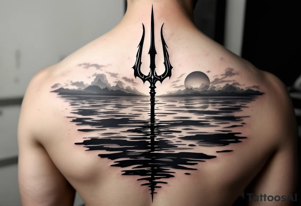 trident half way under calm water with sunset tattoo idea