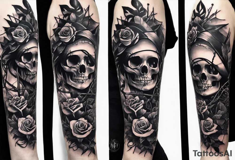 A sleeve tattoo whose elements seem to be connected into one story. Elements on the tattoo: a skull with a rose sticking out of the eye, plants, a girl’s face turning into roots, a destroyed old chain, a broken sword, a butterfly and you can add some connecting elements tattoo idea