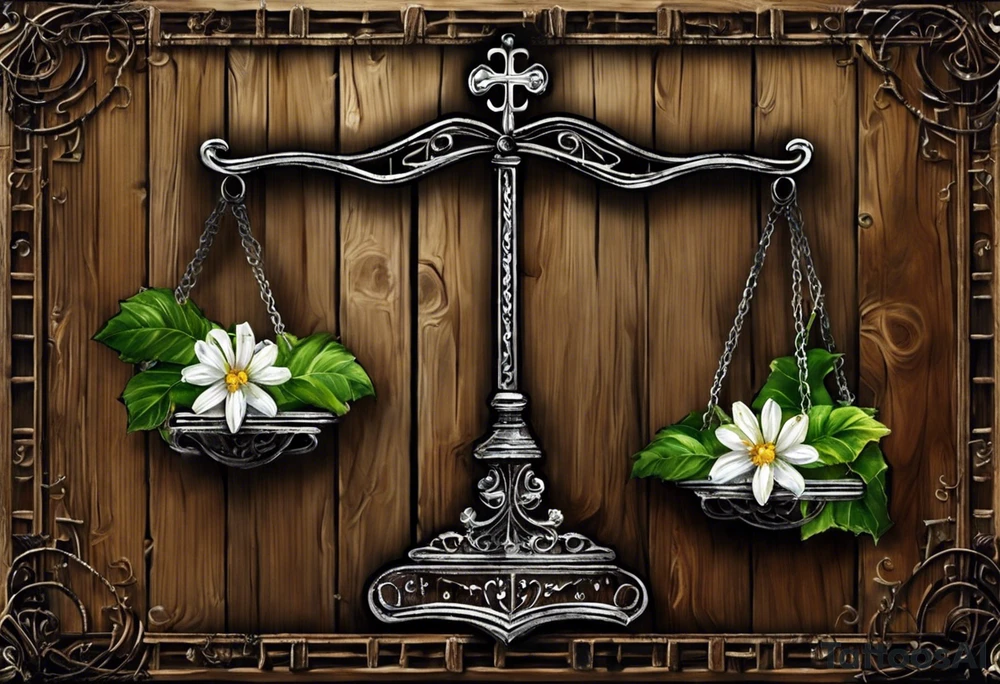 I need you to draw me a old libra scale out of tattered wood. The ends of the cross of wood need to be  broken. I need the bottom to look tattered possible cracks and holes  in wood of scale. Them I need vines with little white flowers here and there wrapped all the way up the scale and I want the two weights of the scale to be wooden as well. They also need to look tattered. The weights need to be fastened on by the vines. I need to make it look like the ends of the vines on both scales is just loosely. I need to incorporate pieces koi fish in beautiful blues greens, and pinks.The fish need to be one on each scale balancing the scale and the tail of the left on, pointing down. the beautiful fish tail fins needs to be covering part of the tattered piece and the fish on the rights tail will be facing unpard with the fin of beauty starting to court the same pic tattoo idea