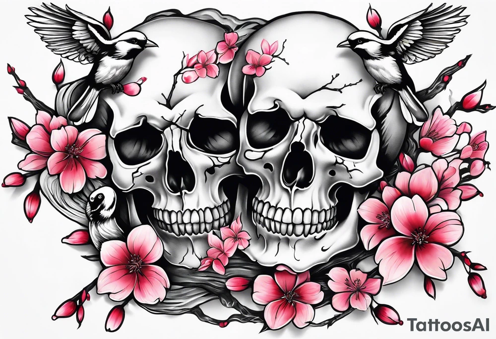 Skulls in cherry blossoms with 3 chickadees full sleeve tattoo idea