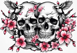 Skulls in cherry blossoms with 3 chickadees full sleeve tattoo idea