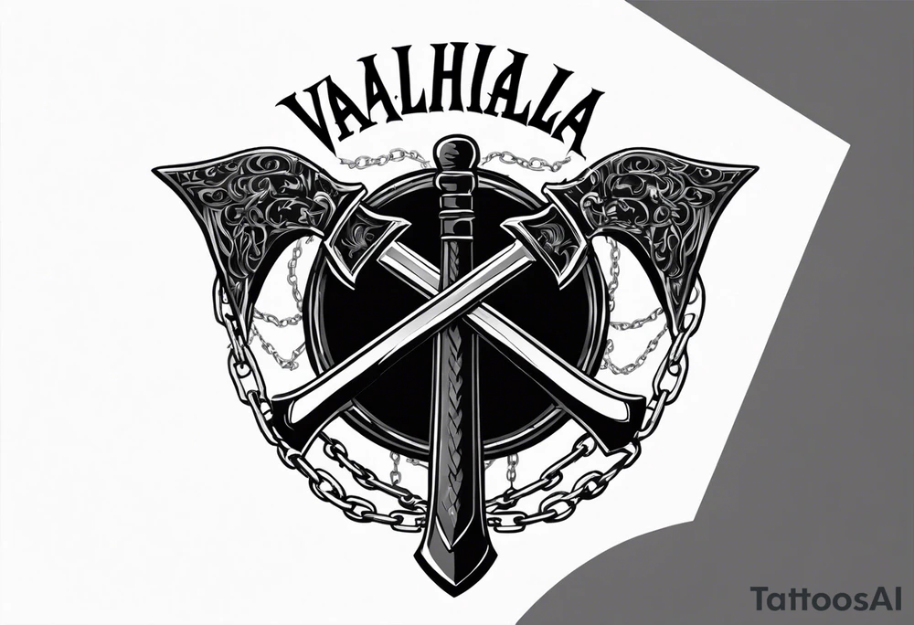 Valhalla sword round shield axe barbed wire chains dark cloud tattoo idea