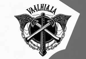 Valhalla sword round shield axe barbed wire chains dark cloud tattoo idea
