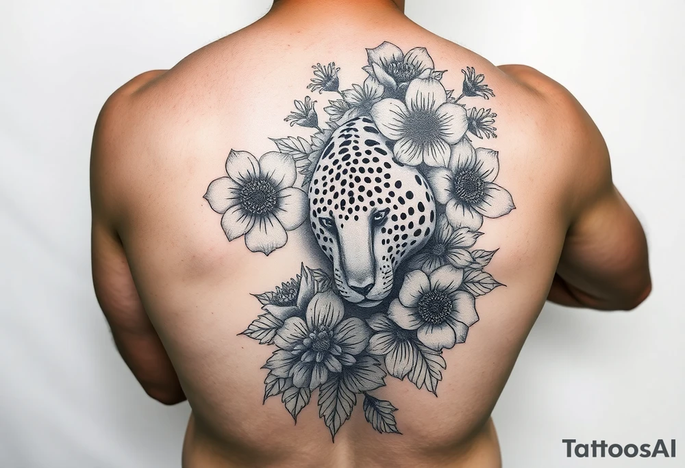 Arm sleeve with a variety of flowers and leopard filler tattoo idea