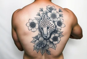 Arm sleeve with a variety of flowers and leopard filler tattoo idea
