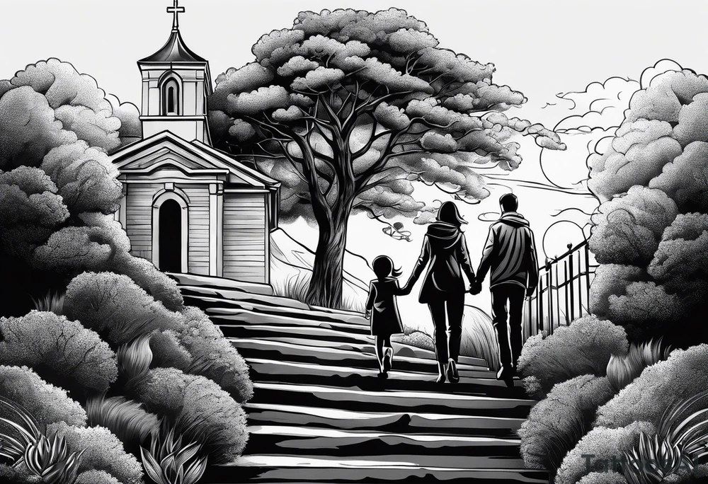 couple with 2 sons walking up on stairs on the hill and on the top of the hill is church and next to it is family tree tattoo idea
