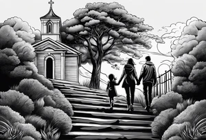couple with 2 sons walking up on stairs on the hill and on the top of the hill is church and next to it is family tree tattoo idea