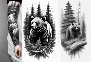 Photorealism bear and forrest sleeve tattoo idea