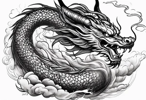 chinese dragon blowing fire while flying through a thunderstorm tattoo idea