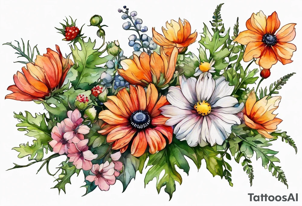 wildflowers with thistles, ferns, white anemones, sun flowers, orange flowers, green flowers, pink flowers, red flowers, berries and babies breath and daisies all in watercolor tattoo idea