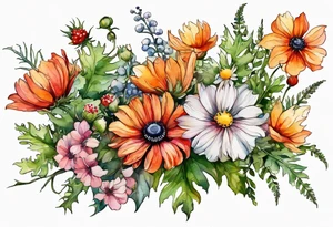 wildflowers with thistles, ferns, white anemones, sun flowers, orange flowers, green flowers, pink flowers, red flowers, berries and babies breath and daisies all in watercolor tattoo idea