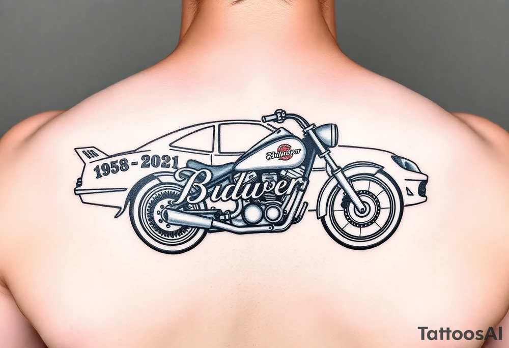 Dale Earnhardt car on it with the year 1958 - 2021 intertwined with a motorcycle with a Budweiser logo on it tattoo idea