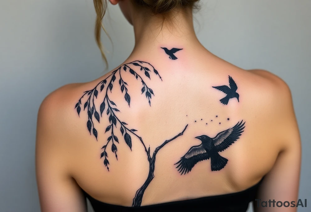 Weeping willow with starry sky background with zodiac constellations in it with runes and ravens tattoo idea
