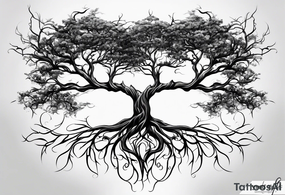 twisted leafless tree with long roots and branches stencil for chest and collar bone. symmetrical tattoo idea