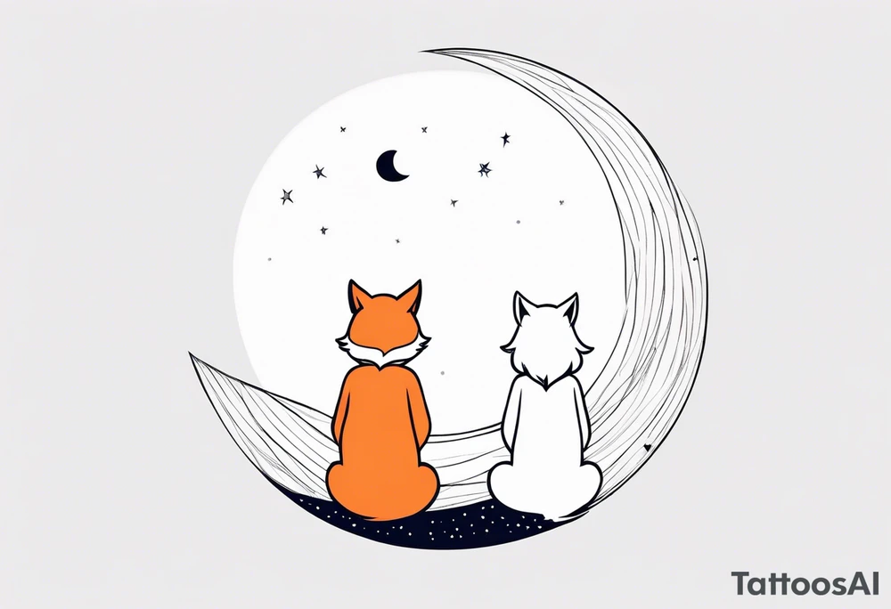 A little girl and a little fox looking at the moon, we see them from behind tattoo idea
