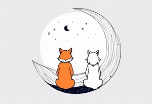 A little girl and a little fox looking at the moon, we see them from behind tattoo idea