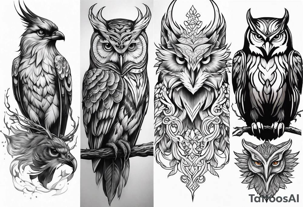 Phoenix with Raven and Tiger on left side and deer and owl on right tattoo idea