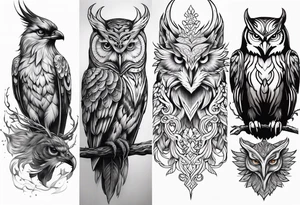Phoenix with Raven and Tiger on left side and deer and owl on right tattoo idea