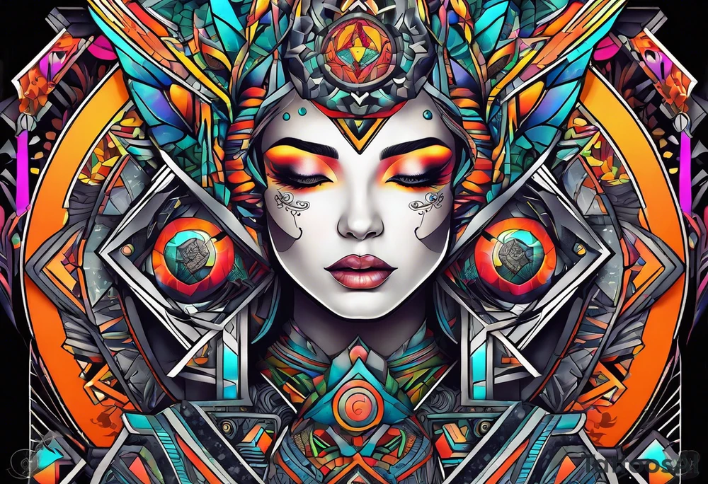 A tattoo design featuring geometric patterns and symbols inspired by psytrance and techno music, creating a unique and futuristic look. tattoo idea