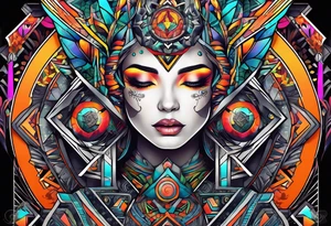 A tattoo design featuring geometric patterns and symbols inspired by psytrance and techno music, creating a unique and futuristic look. tattoo idea