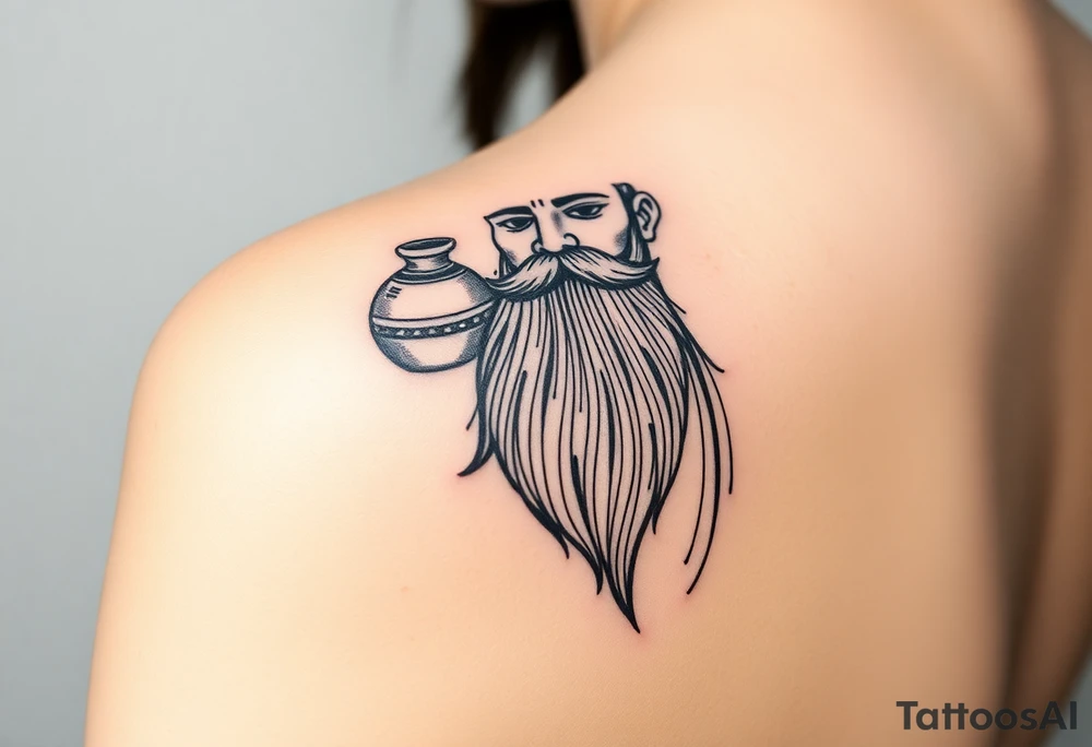 The sign of the aquarian version human man almost resembling a god, with a large beard, with a jar on his shoulder with water coming out of it tattoo idea