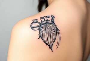 The sign of the aquarian version human man almost resembling a god, with a large beard, with a jar on his shoulder with water coming out of it tattoo idea