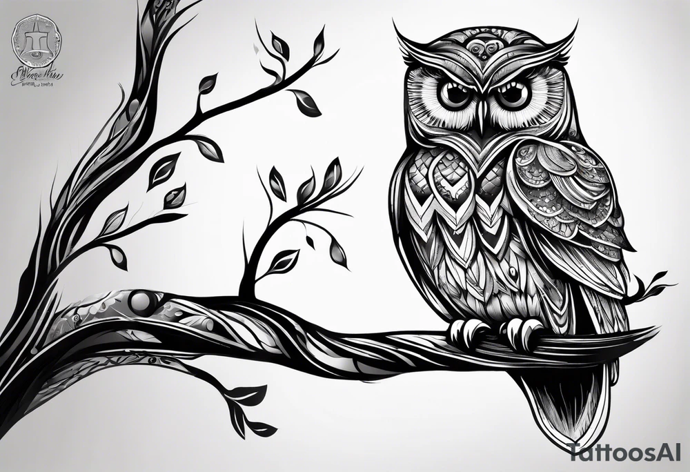 “A wise owl perched on a branch, with large, expressive eyes and intricate feather patterns, representing wisdom tattoo idea
