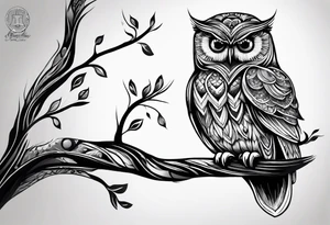 “A wise owl perched on a branch, with large, expressive eyes and intricate feather patterns, representing wisdom tattoo idea